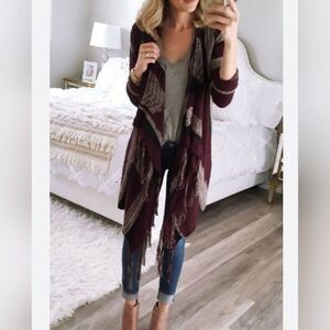 Vanity Maroon Open Cardigan Aztec Chevron Fringe With Dress